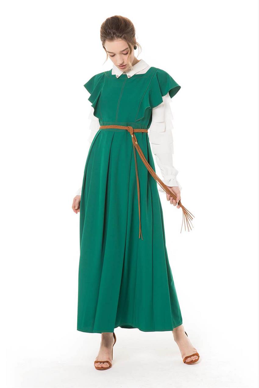Hasır Kemerli Yeşil Jile Elbise V20YJİL48001
