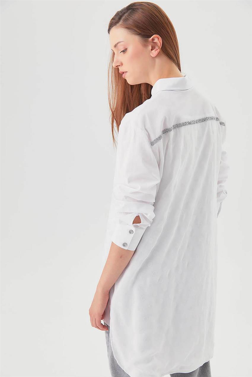 Puantiye ve Sim Şeritli Beyaz Gömlek Tunik V20YGML22011