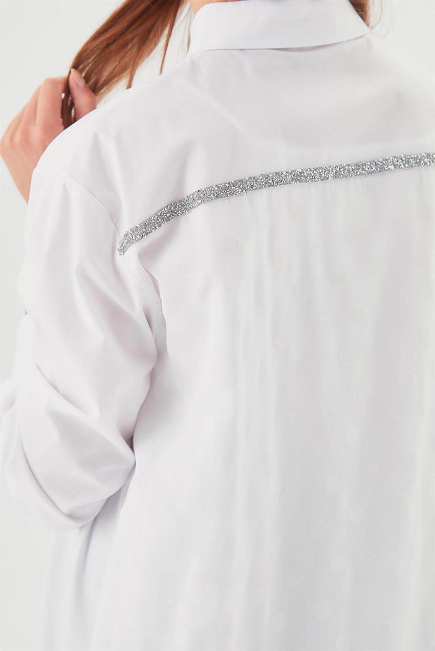 Puantiye ve Sim Şeritli Beyaz Gömlek Tunik V20YGML22011