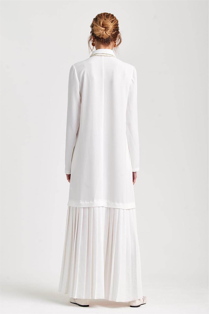 Plise Detaylı Uzun Beyaz Elbise V20YELB17030
