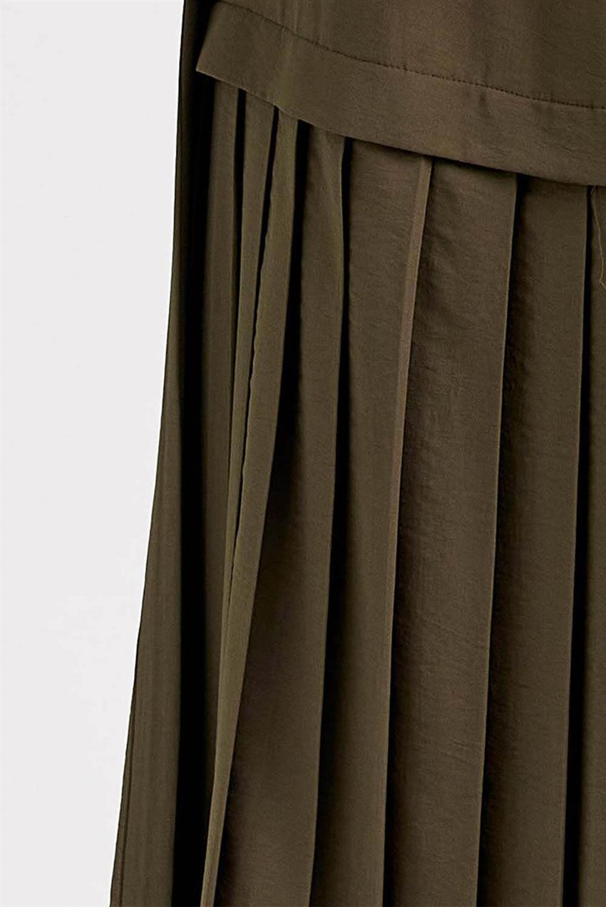Plise Detaylı Uzun Haki Elbise V20YELB17030