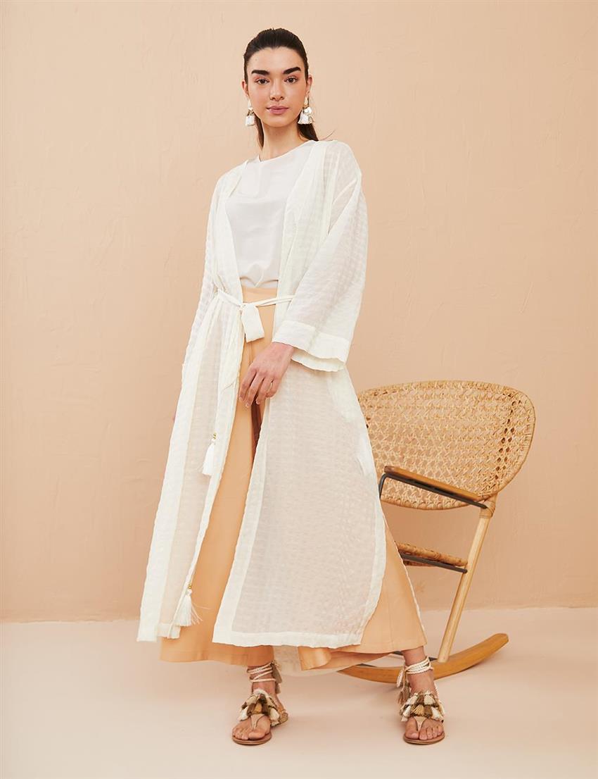 Kuşaklı Beyaz Kimono 
