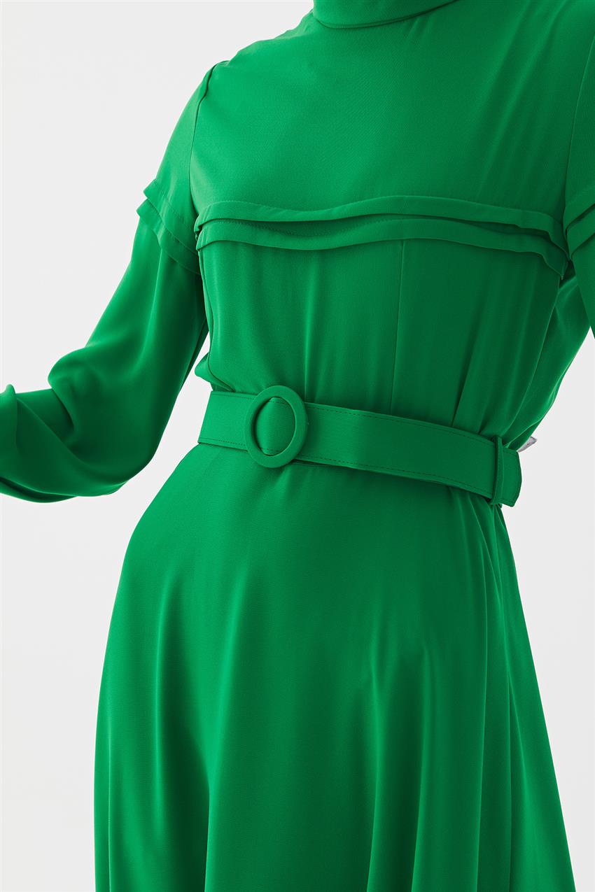 Nervür Dikişli Açık Yeşil Elbise