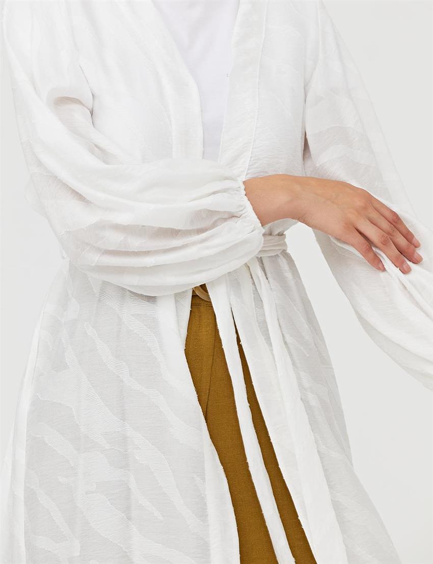 Yırtmaç Detaylı Jakarlı Ekru Kimono 