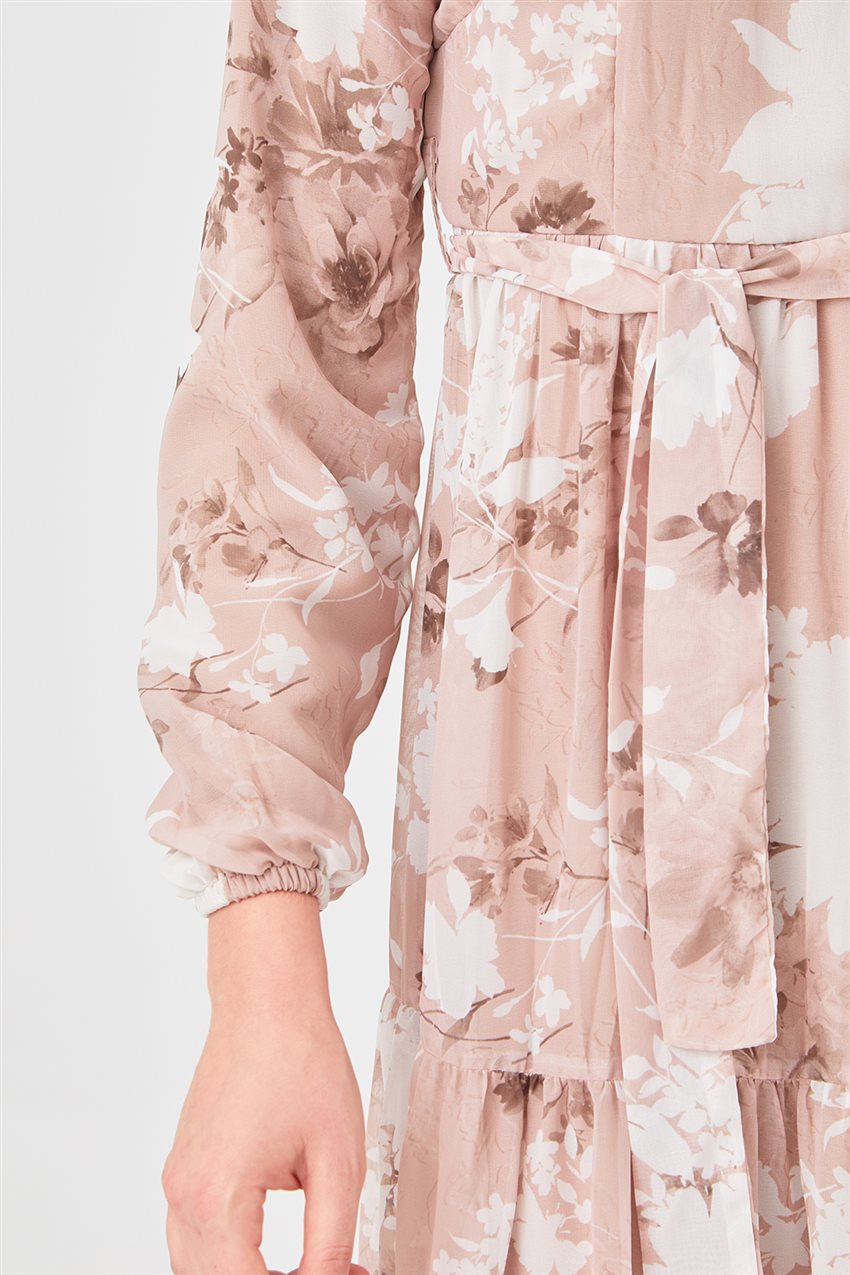 Çiçek Desenli Şifon Vizon Elbise