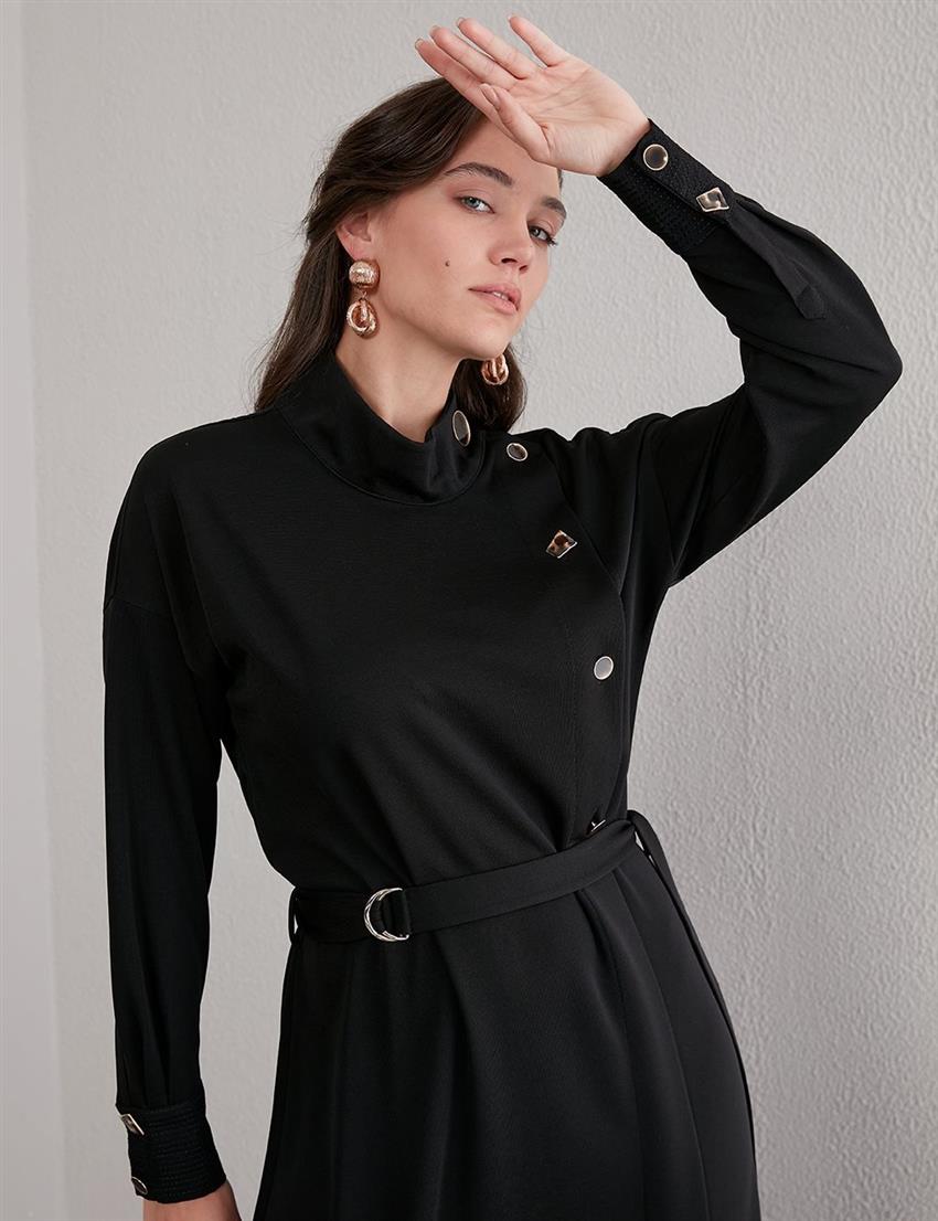 Düğme Detaylı Dik Yaka Elbise Siyah