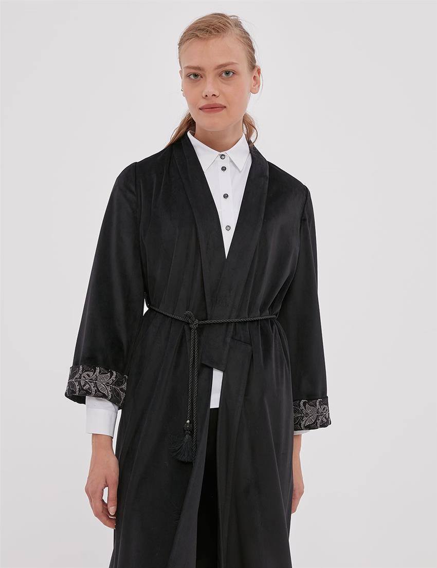 İşlemeli Kadife Kimono Siyah