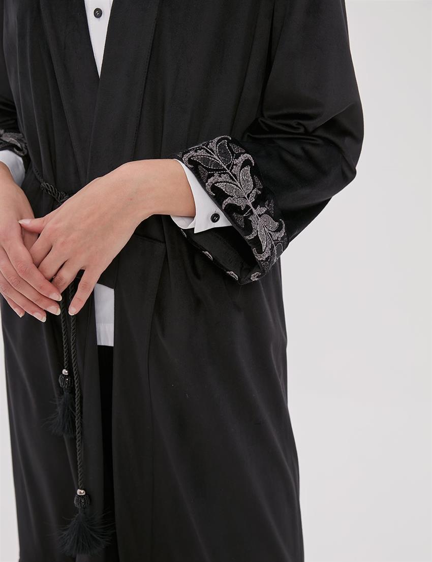 İşlemeli Kadife Kimono Siyah