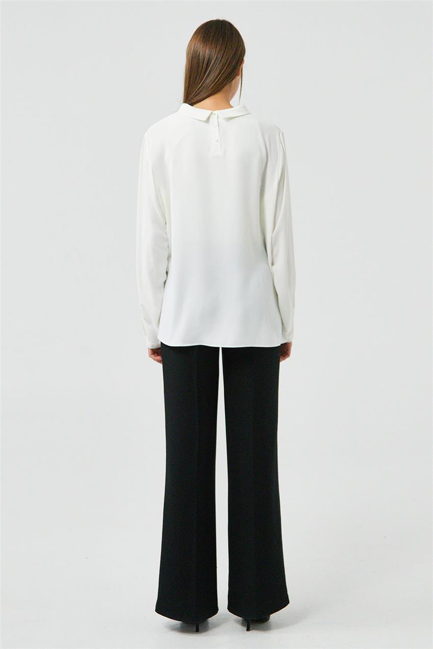 Ecru-fold flywheel sleeve tying collared blouse