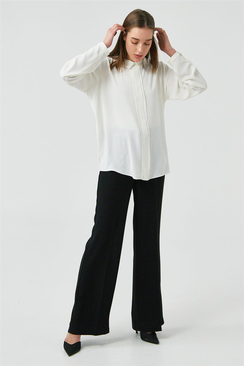 Ecru-fold flywheel sleeve tying collared blouse