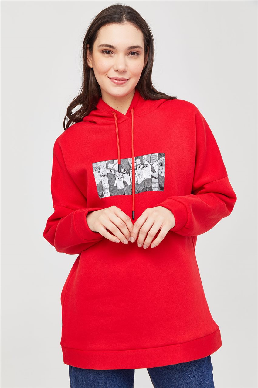 Anime Baskılı Kırmızı Sweatshirt