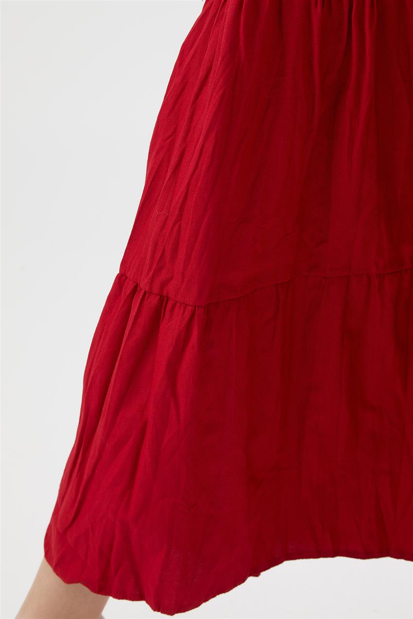 Kat Detaylı Kırmızı Elbise
