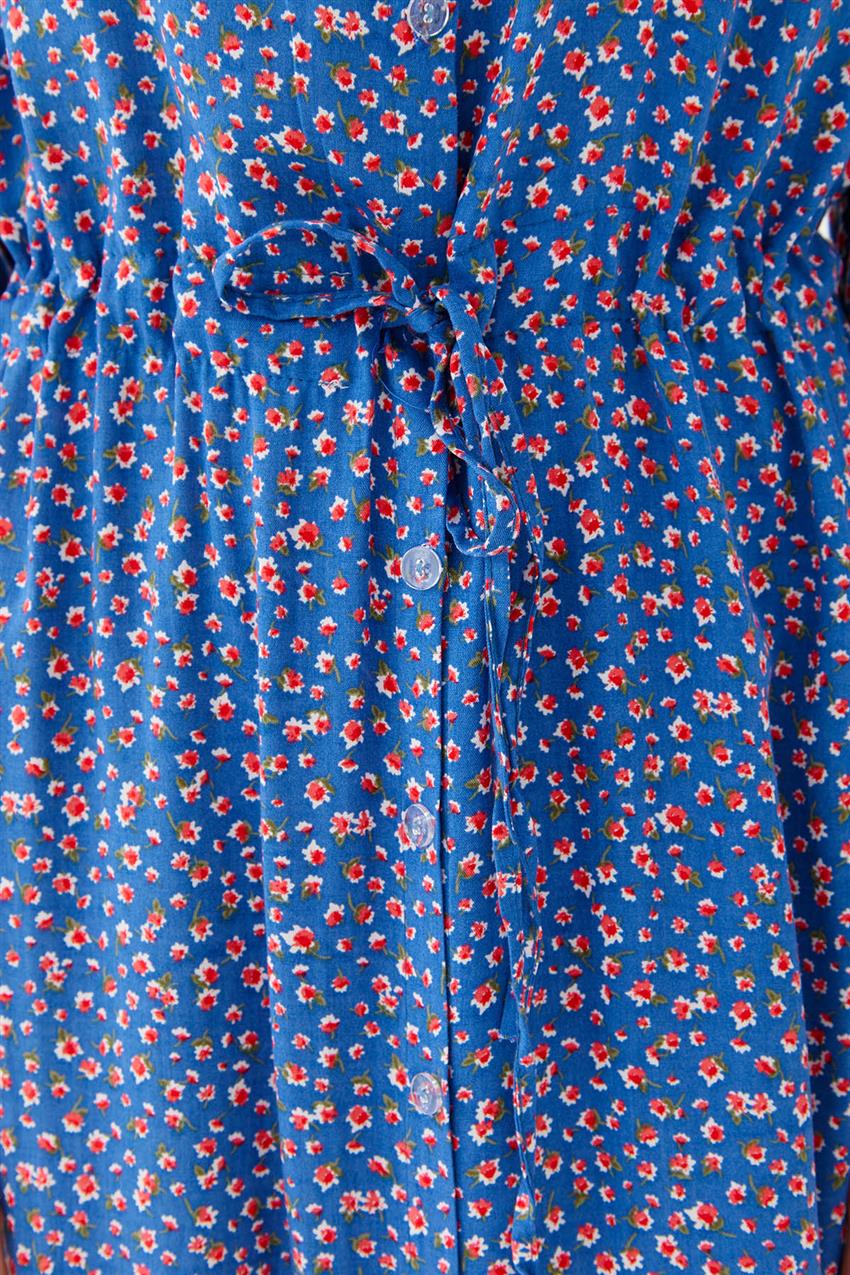 Önden Düğmeli Çiçek Desenli Mavi Elbise