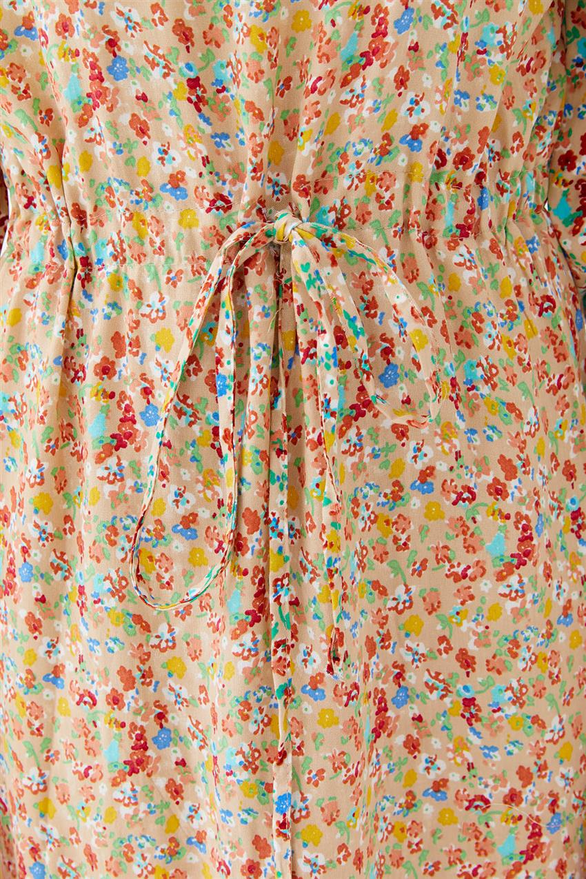 Mini Çiçekli Bej Elbise