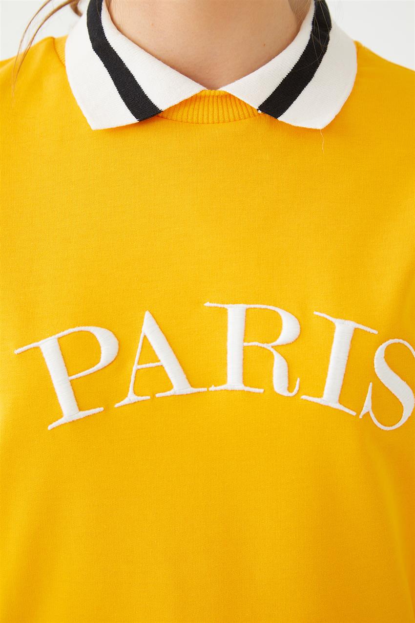 Yakalı Paris Baskı Turuncu Sweatshirt 