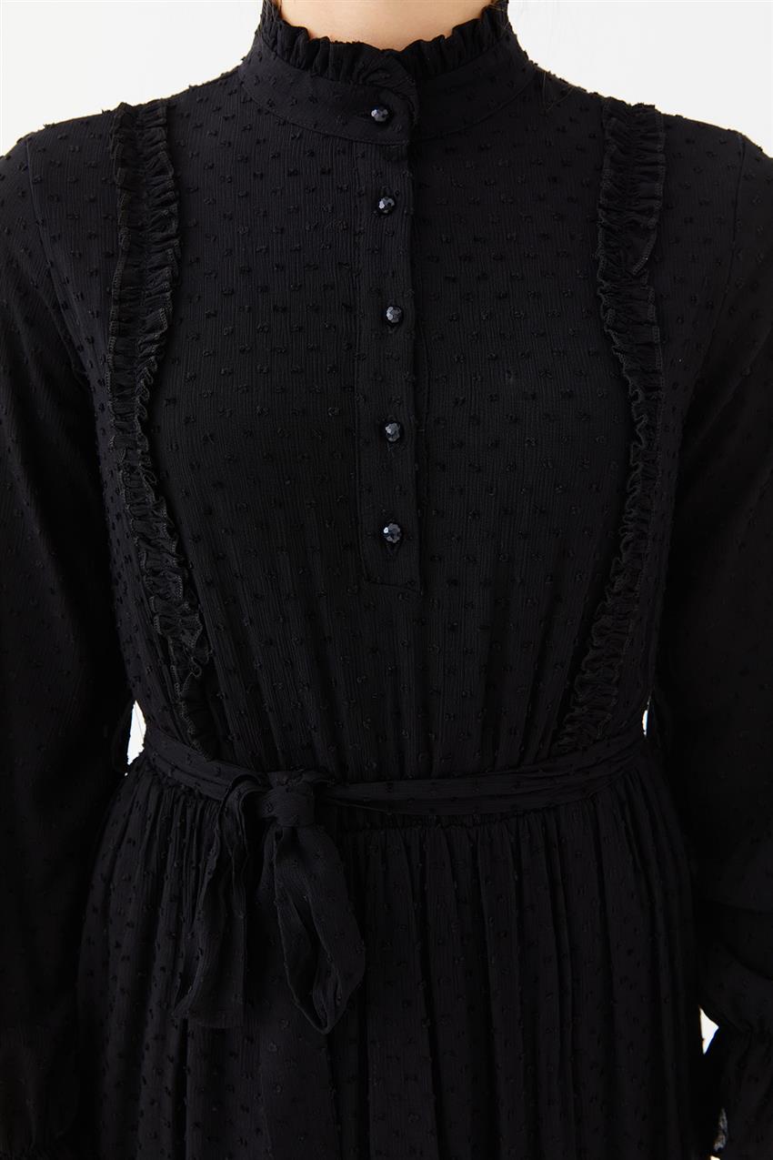 Çıtır Desen Düğmeli Siyah Elbise