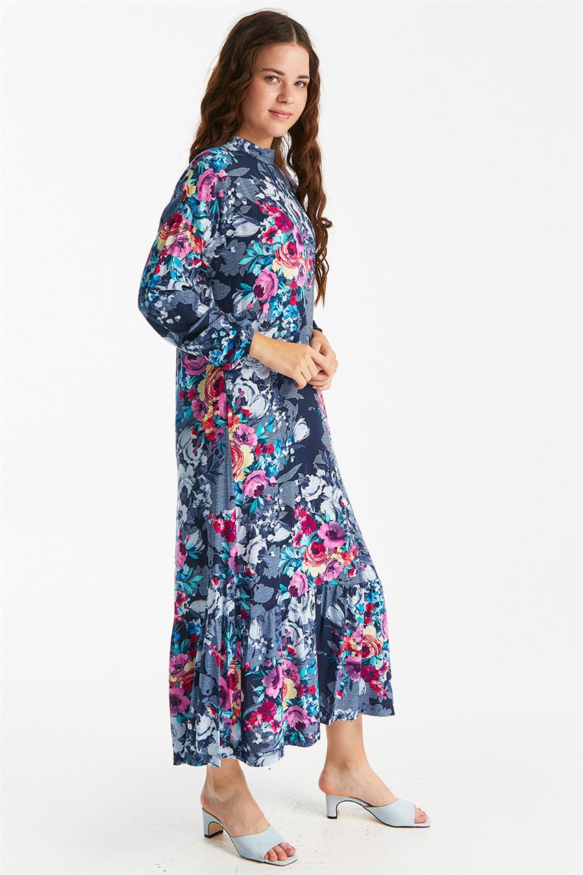 Büzgülü Desenli Lacivert Elbise