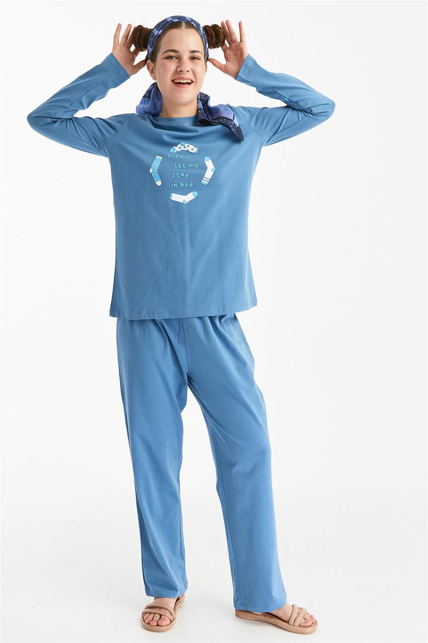 Uzun Kollu Baskılı Mavi Pijama Takım