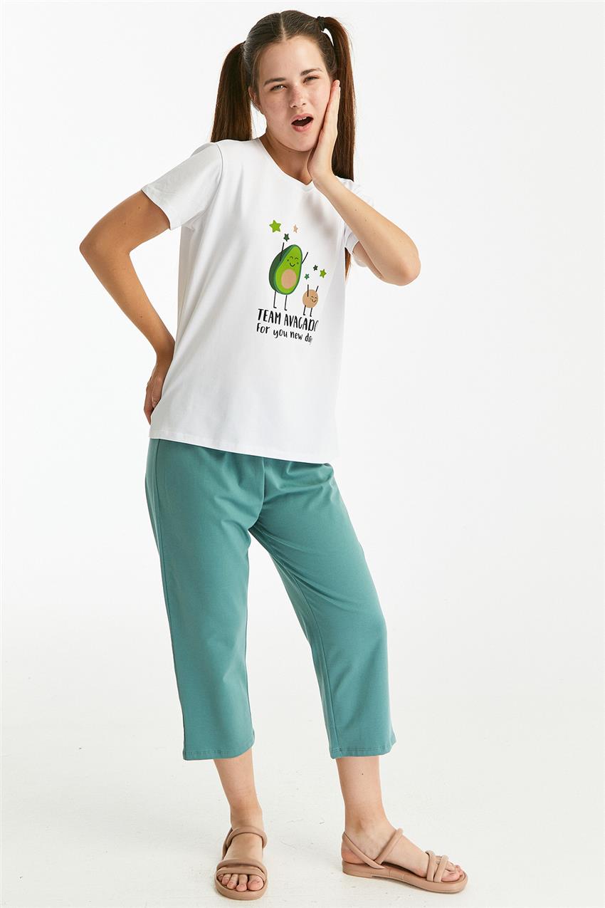 Baskılı Kısa Kol Yeşil Pijama Takımı