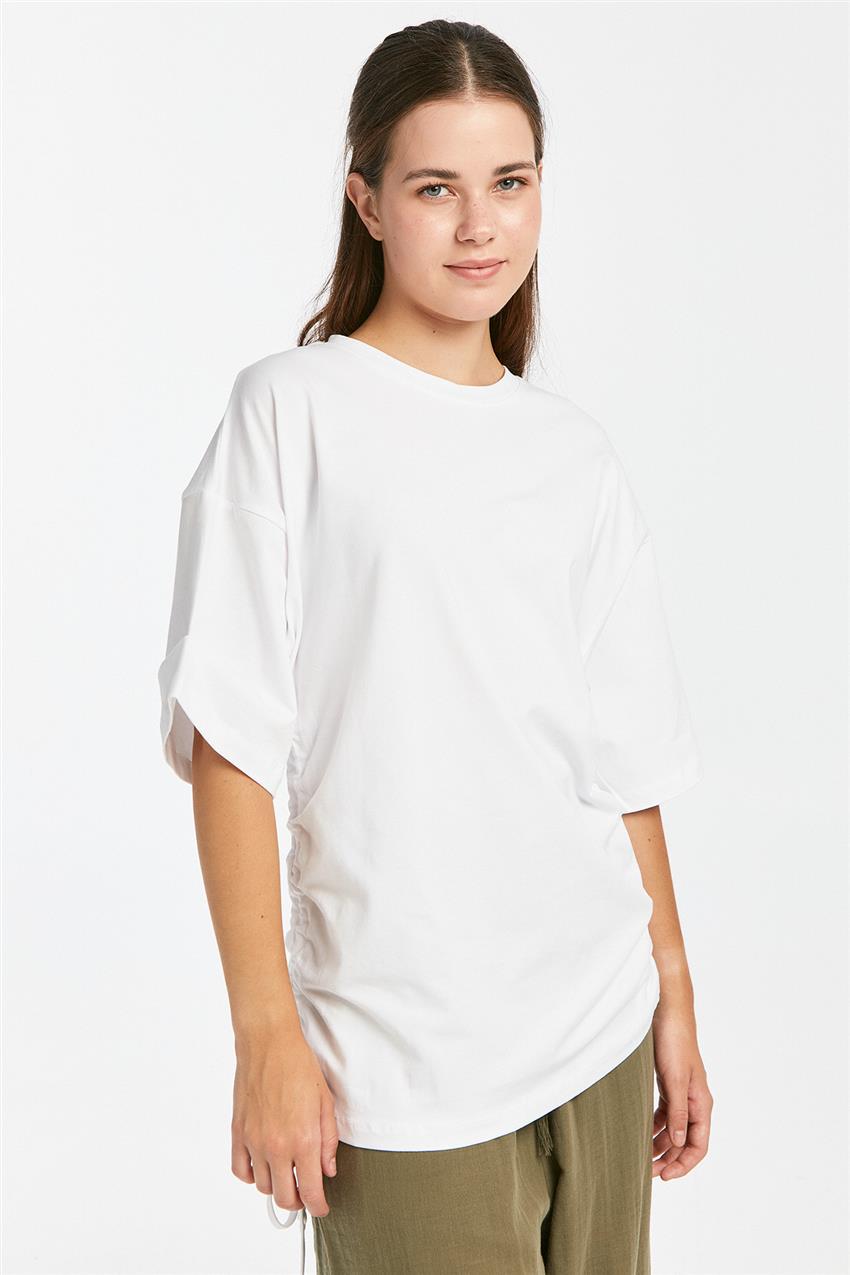 Yan Büzgülü Oversize Beyaz T-Shirt