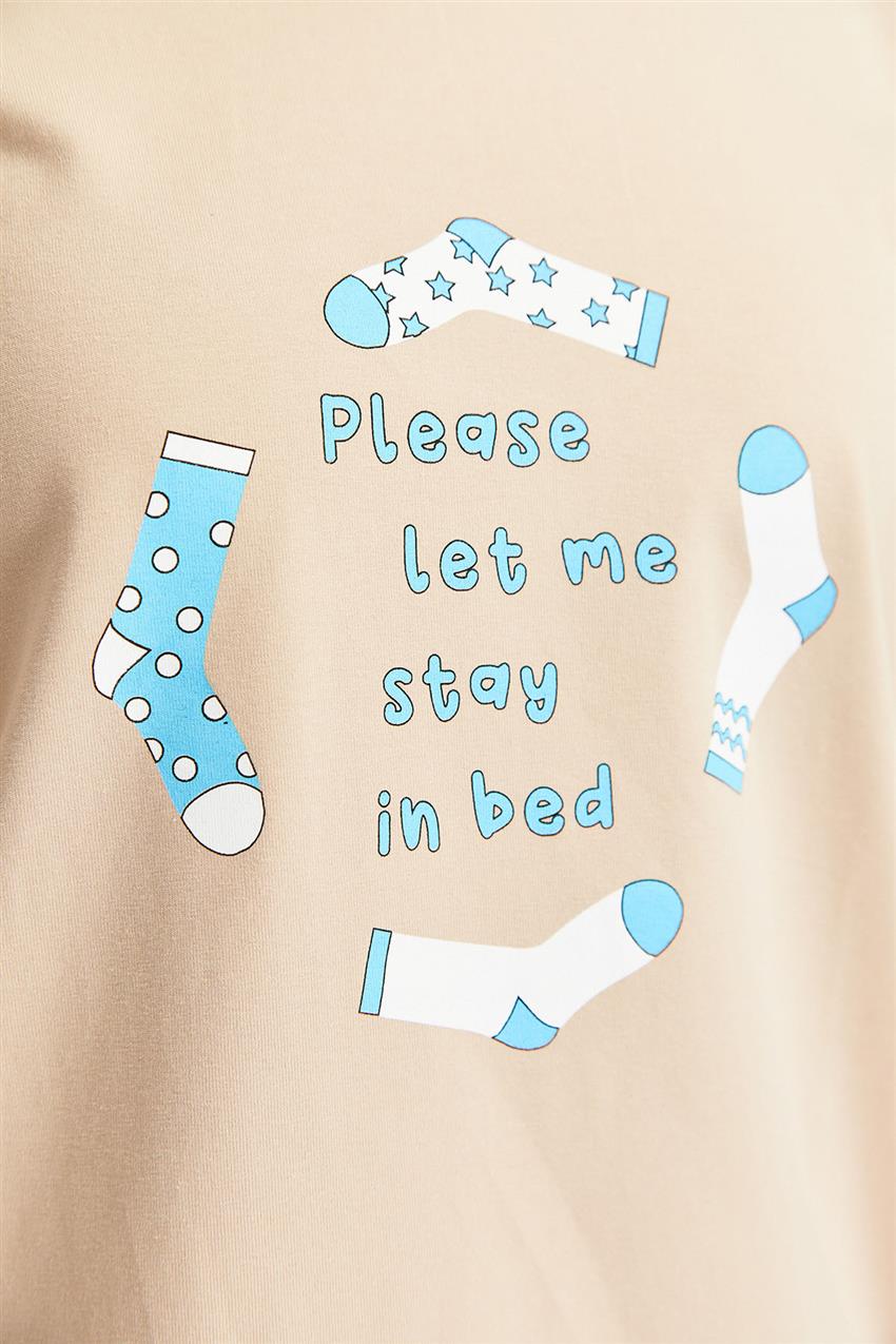Uzun Kollu Baskılı Bej Pijama Takım