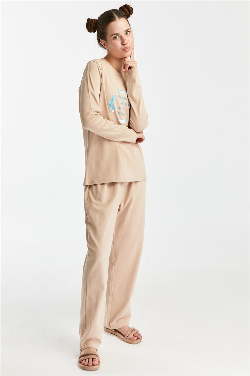 Uzun Kollu Baskılı Bej Pijama Takım