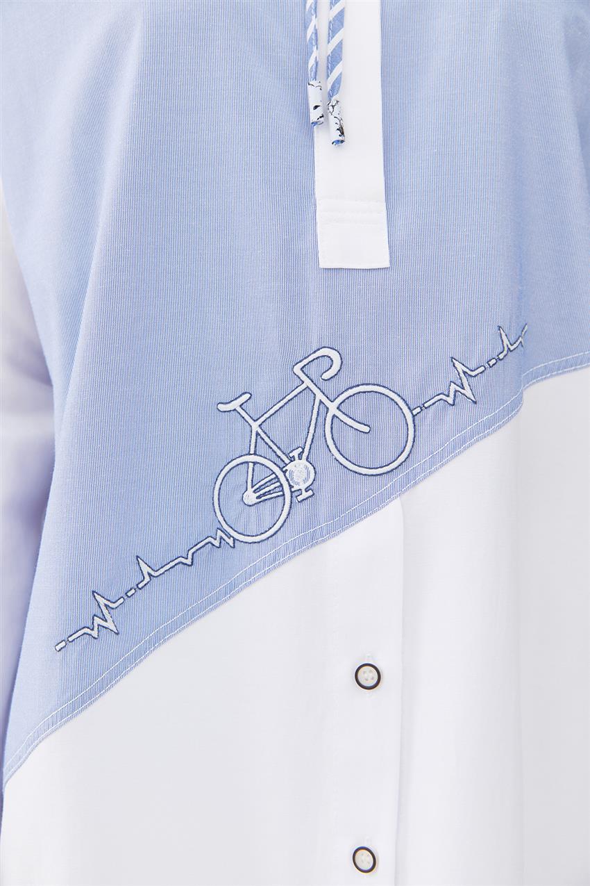 Bisiklet Nakışlı Garnili Optik Beyaz-Mavi Tunik