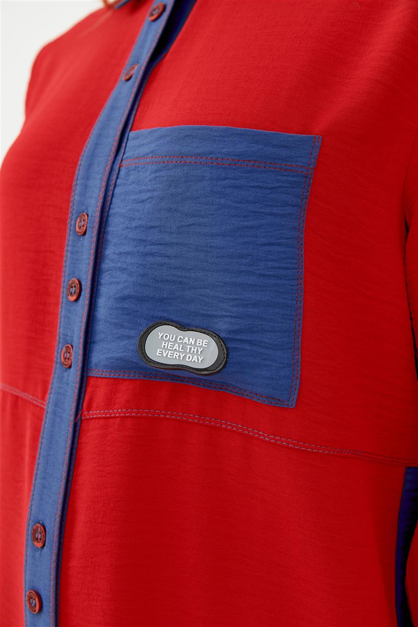 Garni Detaylı Kontrast Renkli Kırmızı-İndigo Tunik