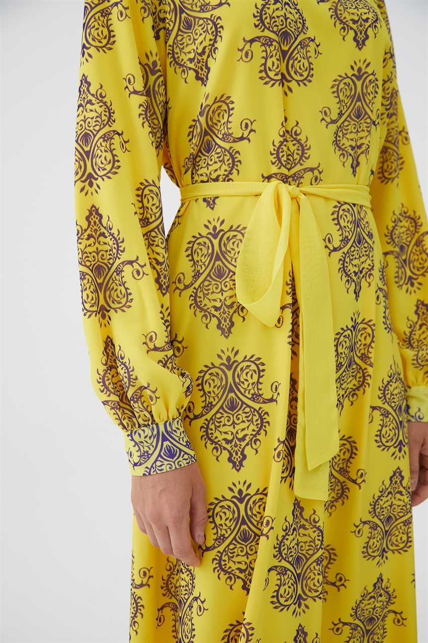 Etnik Desenli Şifon Sarı Elbise