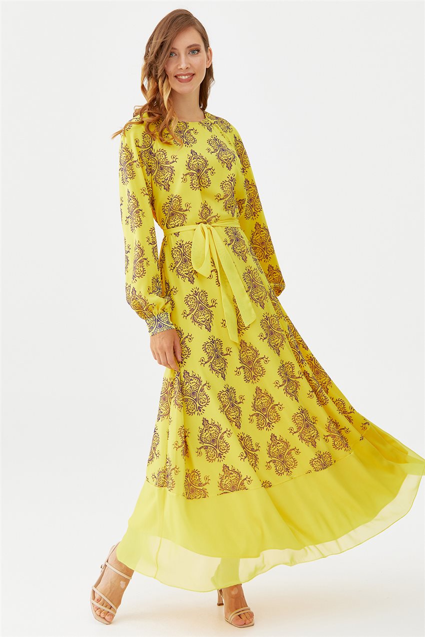 Etnik Desenli Şifon Sarı Elbise