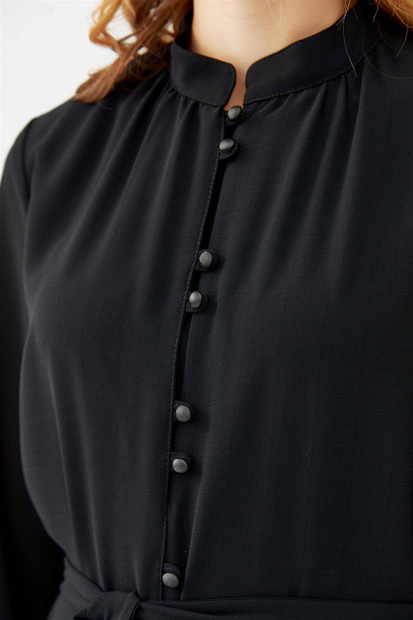Brit Düğmeli Eteği Piliseli Siyah Elbise