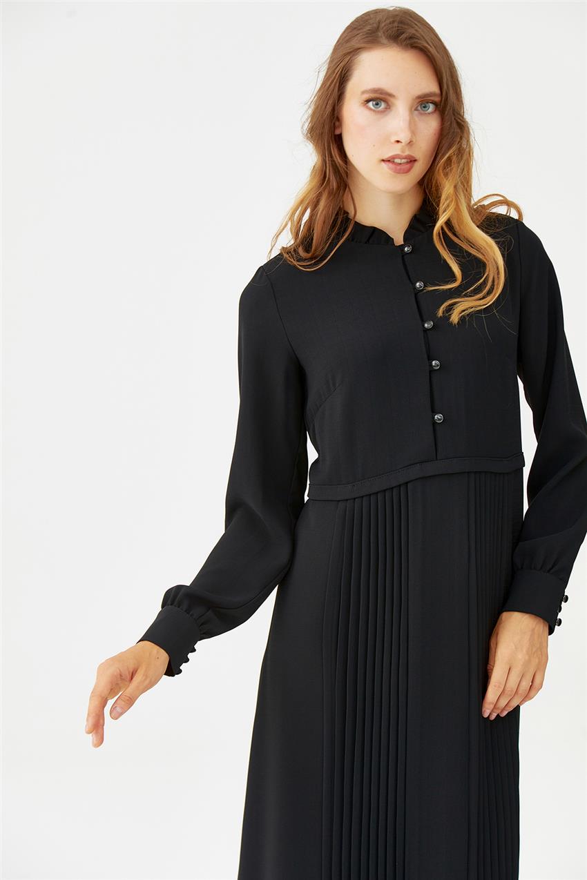 Doque Fırfırlı Dik Yakalı Siyah Elbise | E-Tesettür