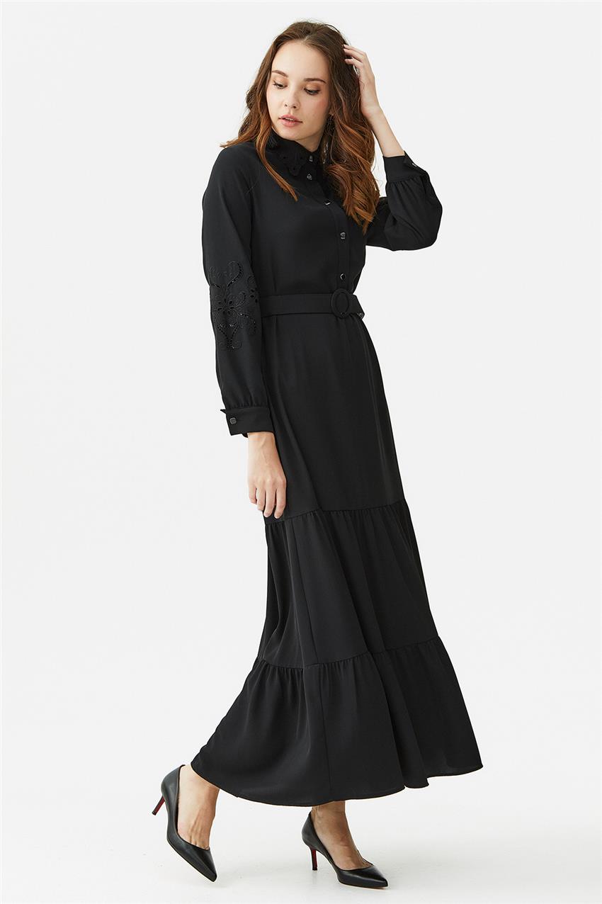 Doque Yaka Ve Kol Nakış Detaylı Siyah Elbise | E-Tesettür