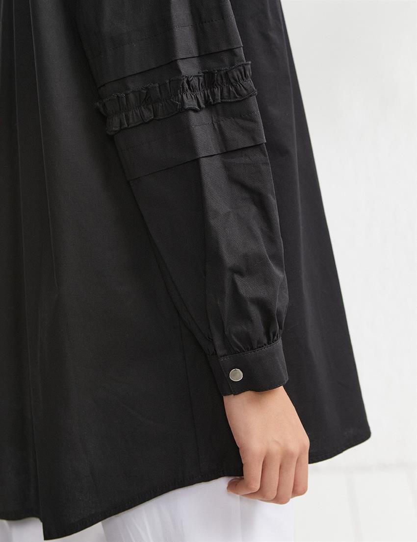 Fırfırlı Kol Detaylı Siyah Bluz / Gömlek