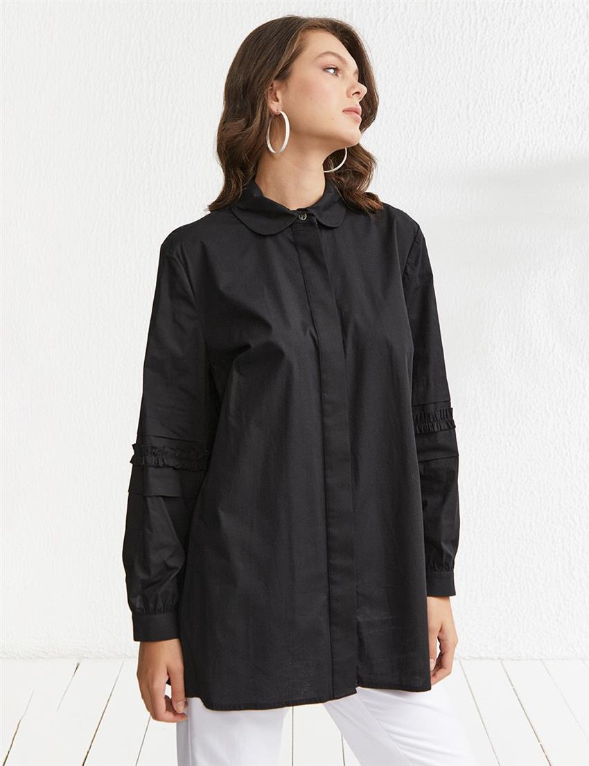 Fırfırlı Kol Detaylı Siyah Bluz / Gömlek