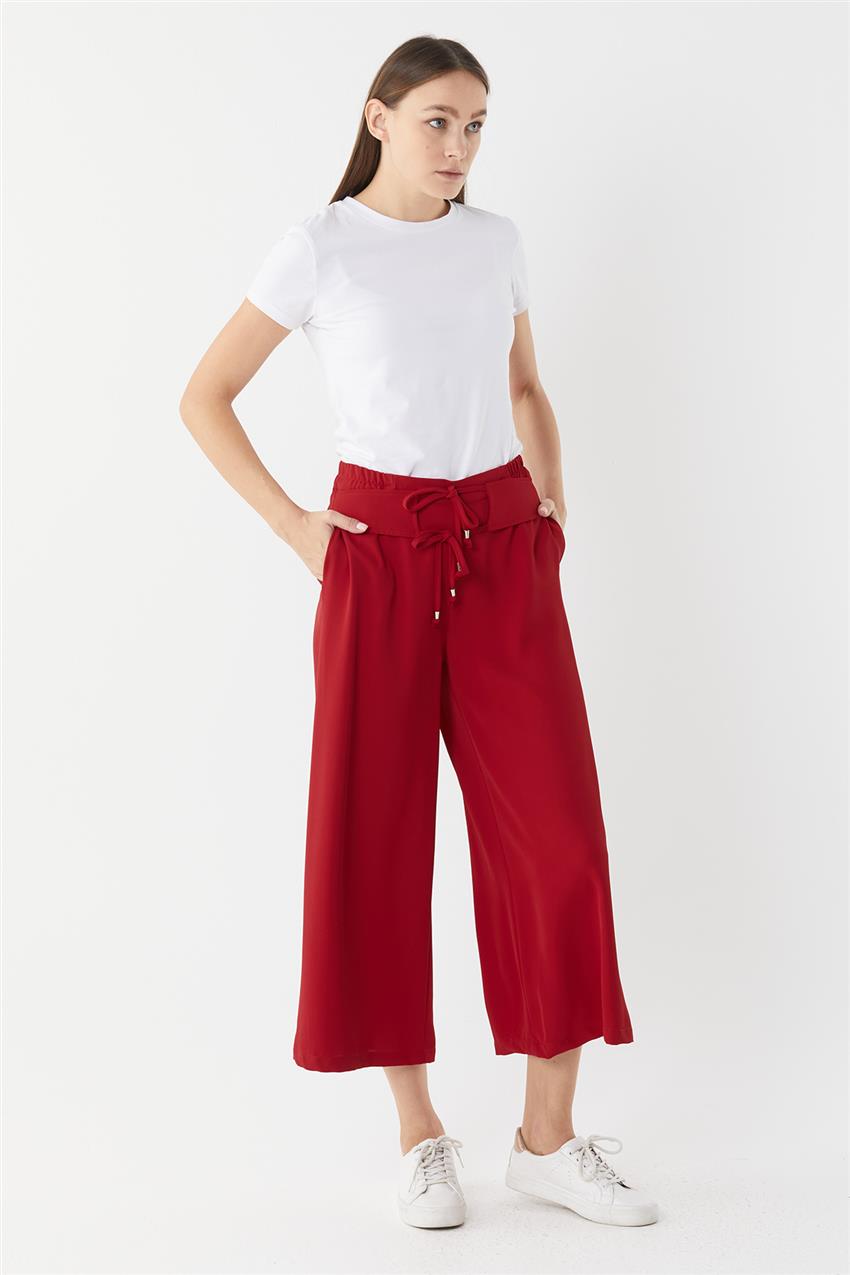 Tasarım Kemerli Kırmızı Pantolon