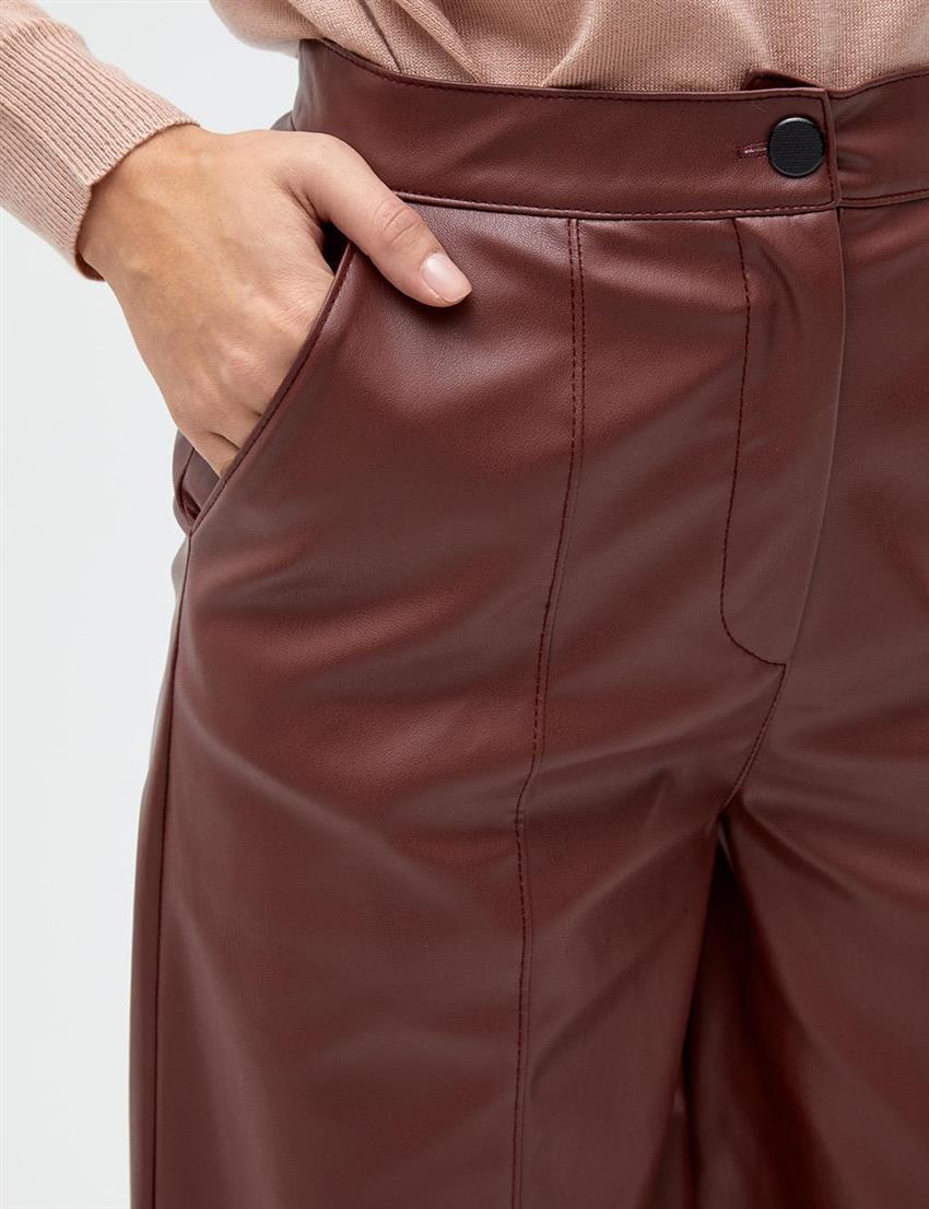 Geniş Paça Suni Deri Bronze Brown Pantolon 