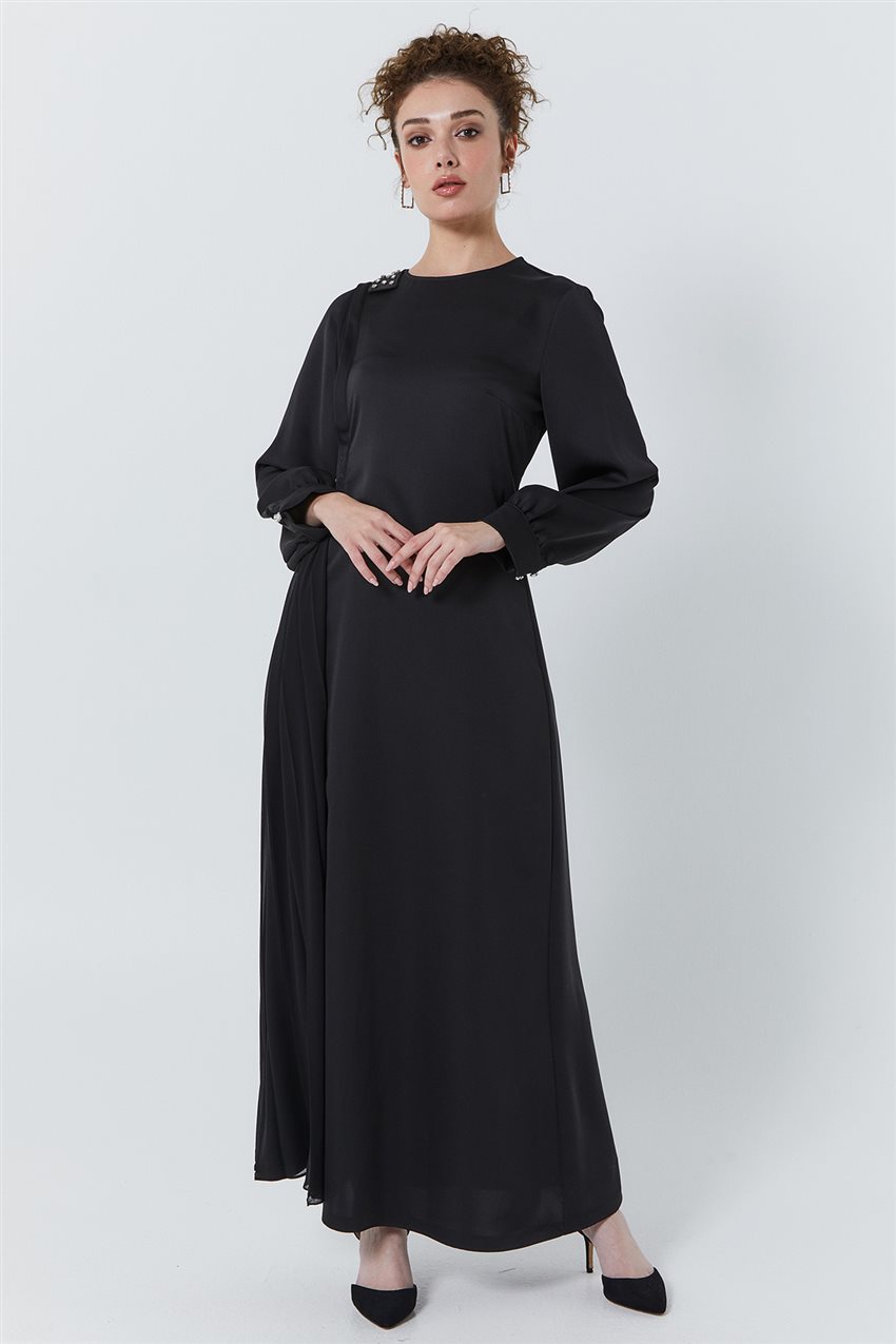 Yandan Pileli Siyah Elbise