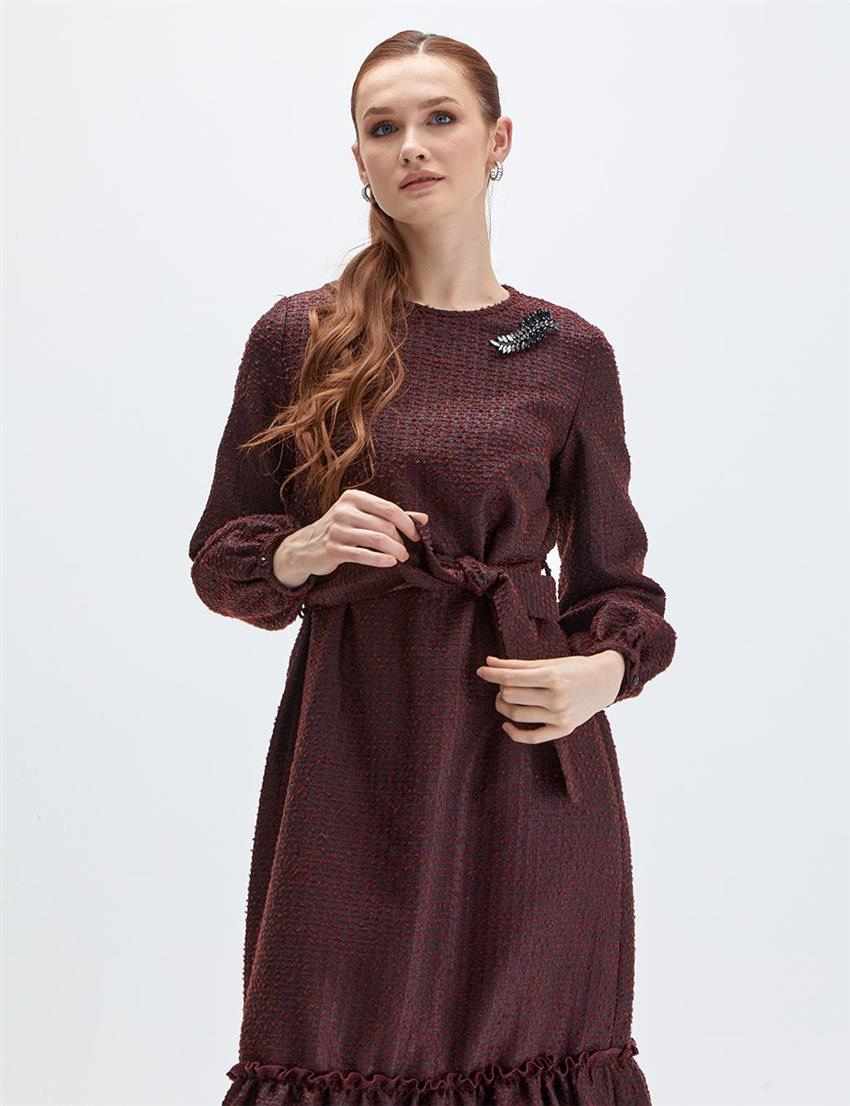Kuşaklı Bronze Brown Tüvit Elbise
