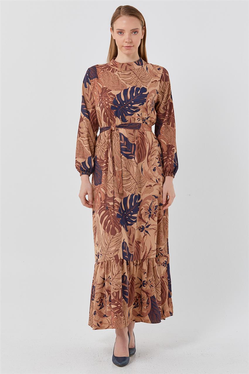 Yaprak Desenli Kuşaklı Lacivert Elbise