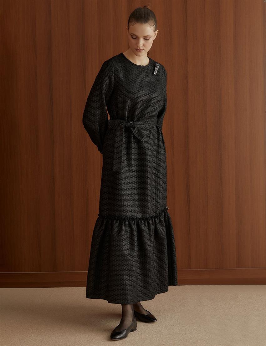 Kuşaklı Siyah Tüvit Elbise