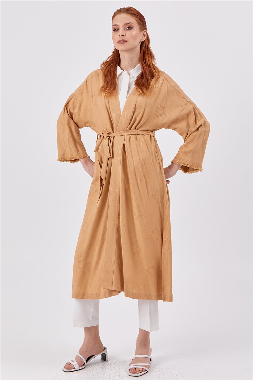 Kol Uçları Püsküllü Bej Kimono / Ceket