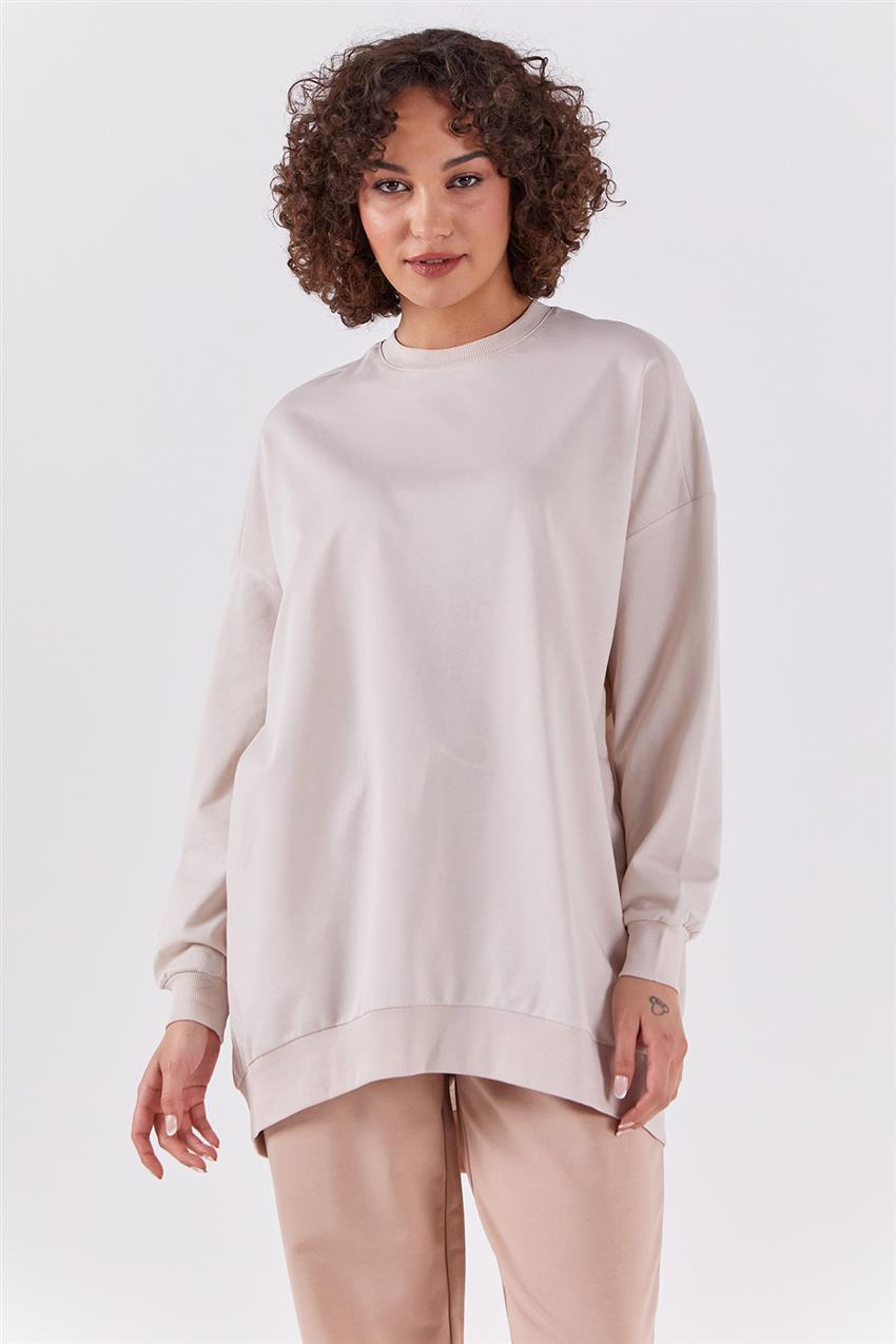 İki İplik Ribanalı Basic Taş Sweatshirt