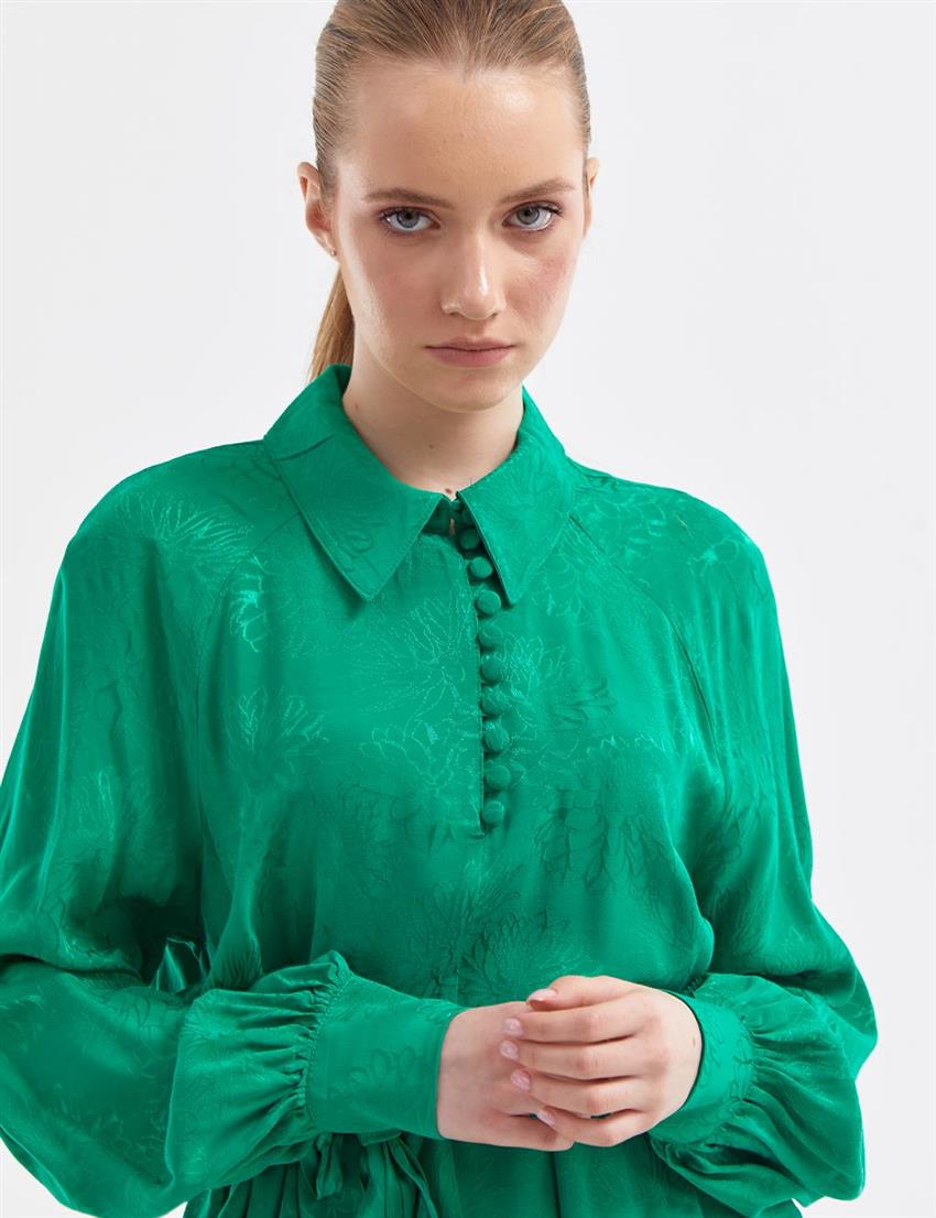 Jakarlı Balon Kol Benetton Yeşili Bluz
