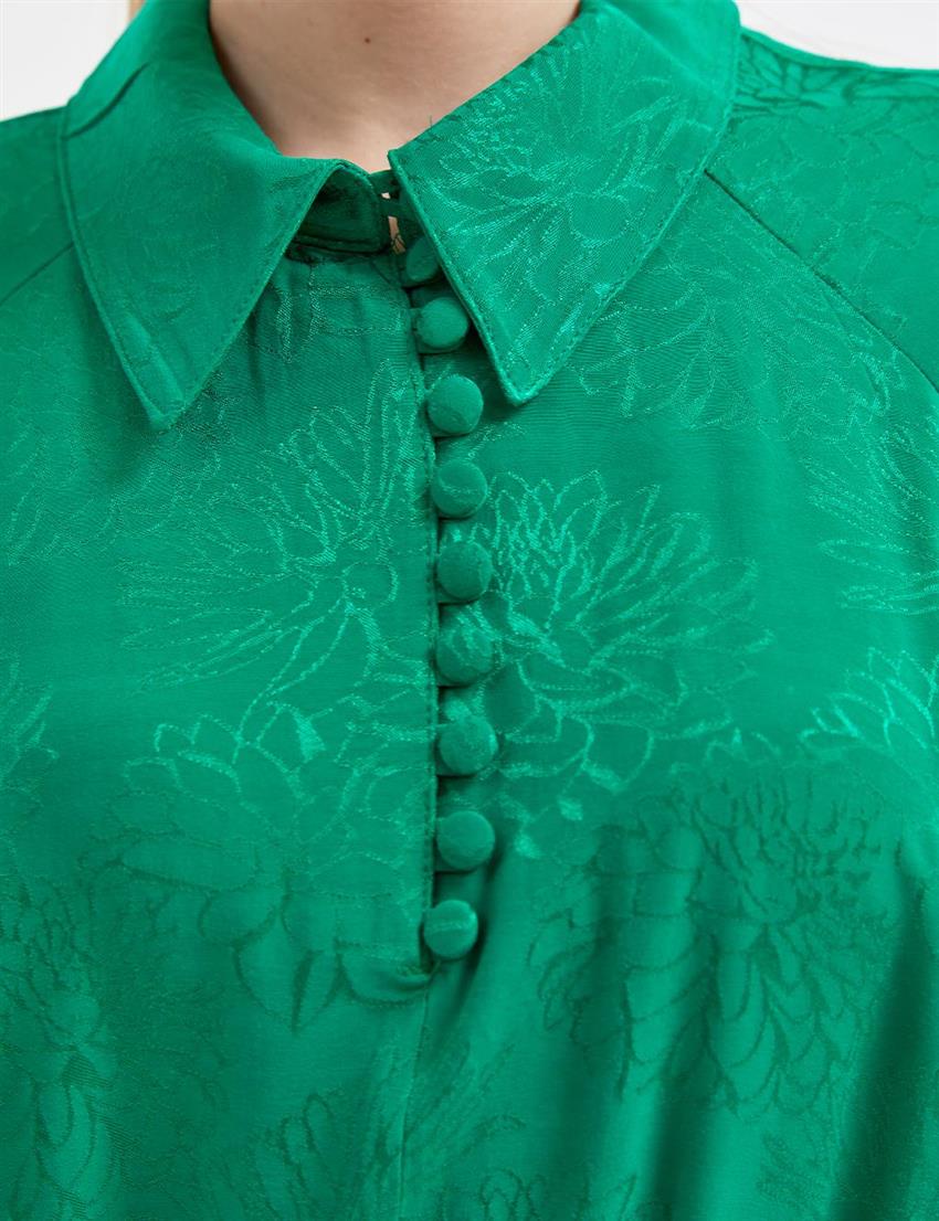 Jakarlı Balon Kol Benetton Yeşili Bluz
