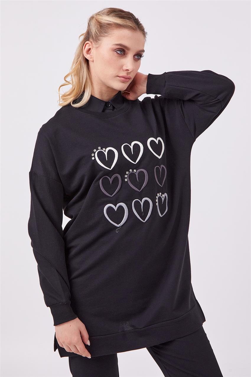 Kalp Desenli Siyah Sweatshirt