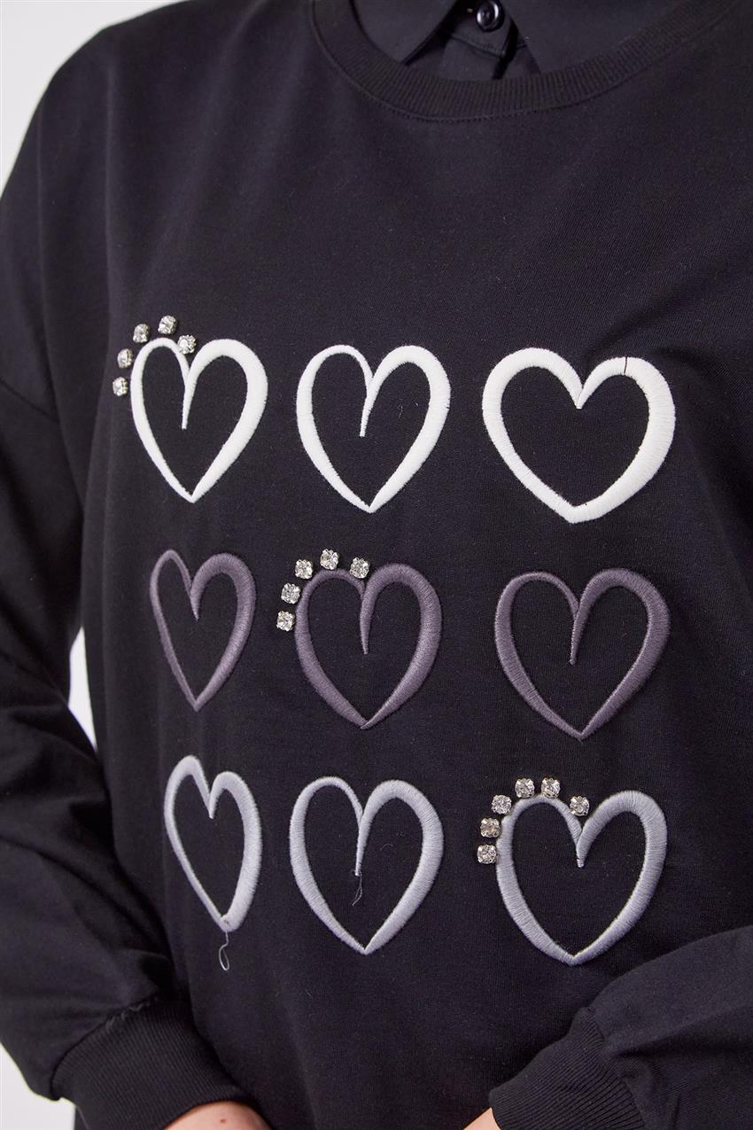 Kalp Desenli Siyah Sweatshirt