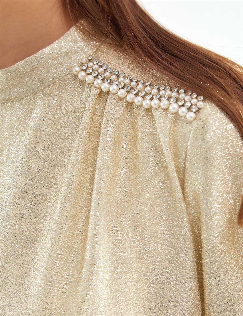 Jakarlı Balon Kol Gold Elbise 