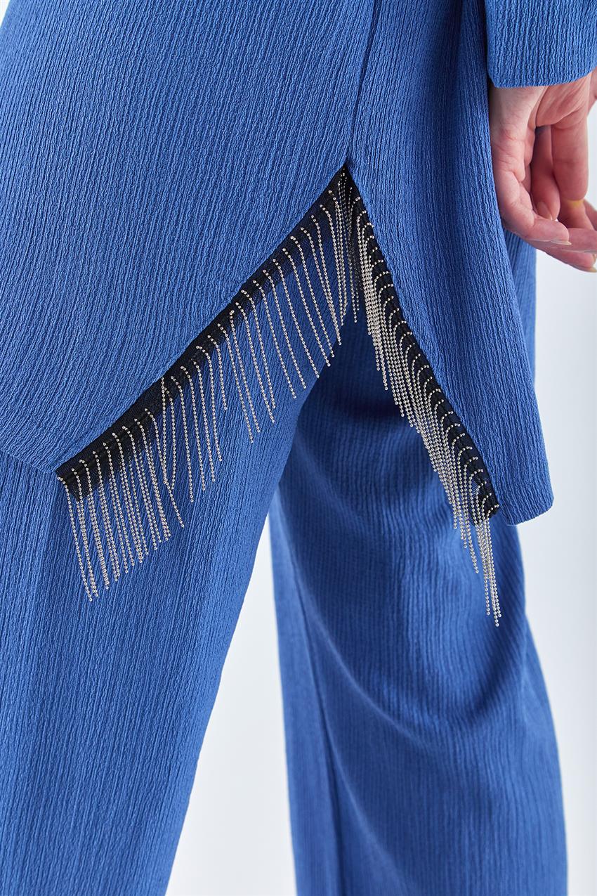 Zincir Detaylı Tunik-Pantolon İkili İndigo Takım