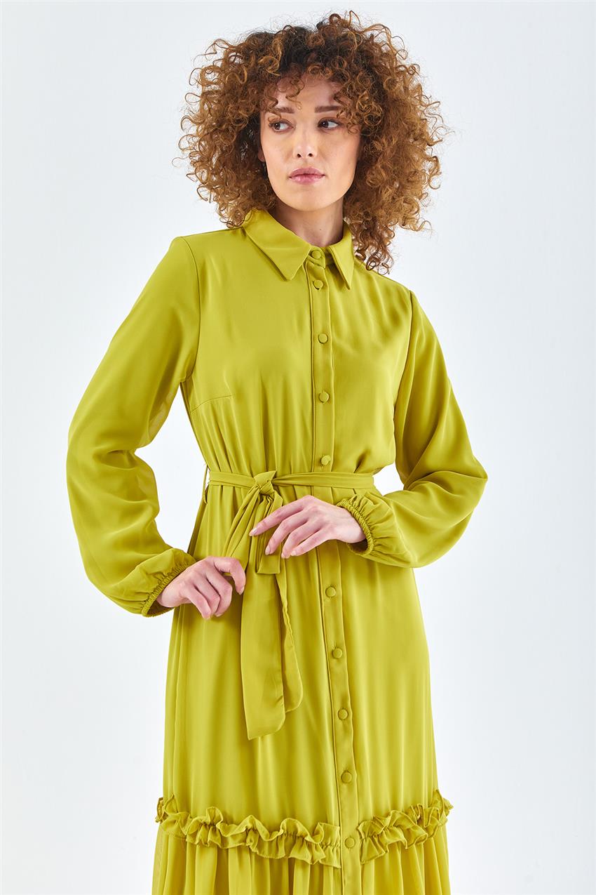 Düğme Detaylı Volanlı Oliv Elbise